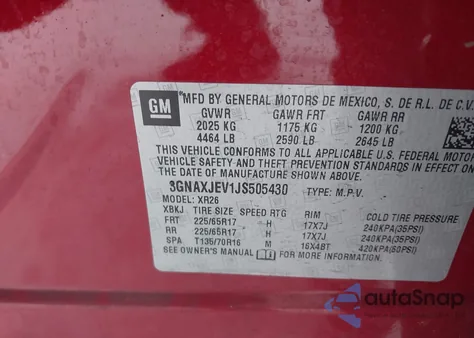 2018 Chevrolet Equinox Lt z USA, uszkodzony, nr VIN 3GNAXJEV1JS505430